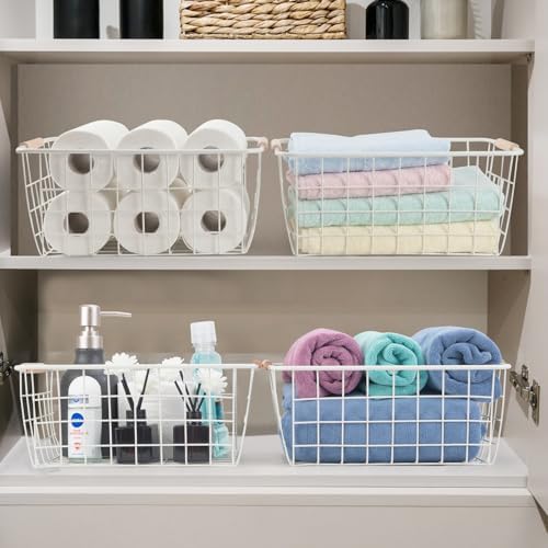 White 2PCS Wire Storage Baskets with Wooden Handles for Pantry Organizer - Image 3