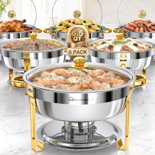 6.5QT Chafing Dishes for Buffet, 6 Pack Round Gold Buffet Display Set by Warmounts