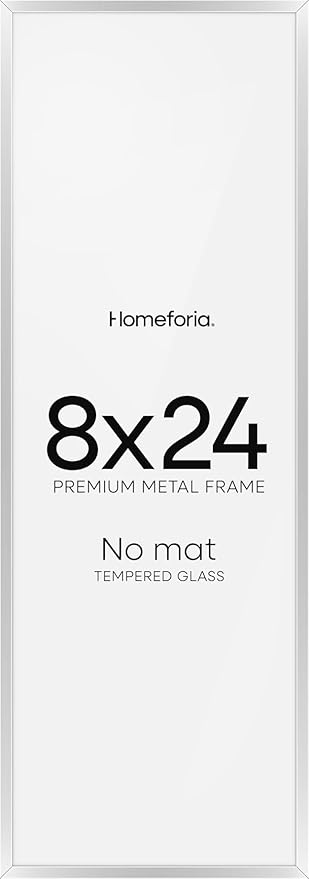 Homeforia 8x24 Panoramic Frame Silver, High End Metal 8 x 24 Picture Frames without Mat, 24x8 Hanging Silver Poster Frames for Wall, 8by24 inch Display Photo Frames, Tempered Glass, Wall Kit, Set of 1