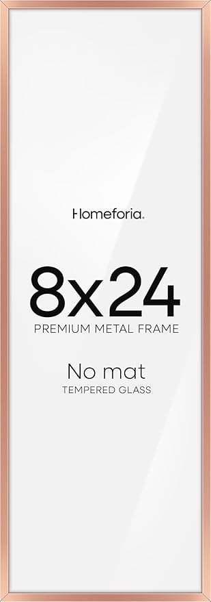 Homeforia 8x24 Panoramic Frame Rose Gold, High End Metal 8 x 24 Picture Frames without Mat, 24x8 Hanging Rose Gold Poster Frames for Wall, 8by24 Display Photo Frame, Tempered Glass, Wall Kit, Set of 1