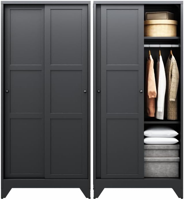 Letaya Metal Sliding Door Wardrobe Cabinets,68" Tall Armoire Wardrobe Closet with Sliding Doors and Shelves,Narrow Slim Coat Closet Cabinet with Hanging Rod,Space Saving for Home (Black)