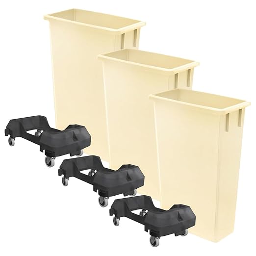 3 Pack 23 Gallon Waste Bin with Dolly, Heavy-Duty Trash Can, Slim Rectangular Garbage Bin, Durable Waste Container, Recycling Bin, Plastic Wastebasket for Kitchen, Garage, Restaurants, Office