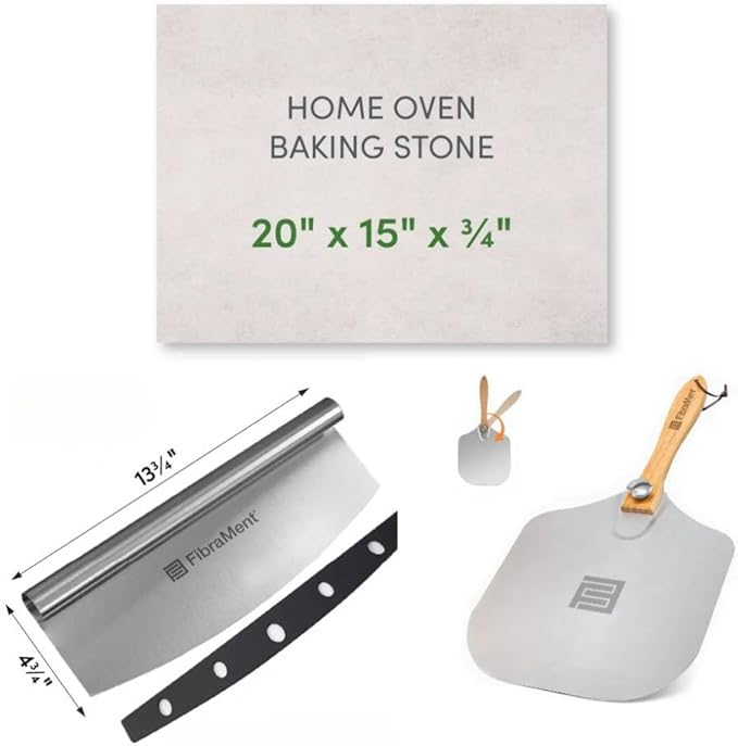 FibraMent-D Premium 3-Piece Pizza Stone Set – 20" x 15" x 3/4" Rectangle Baking Stone with Peel & Rocker Cutter – Made in USA – Ranked Best Overall Pizza Stone for Even Heat & Crispy Crusts