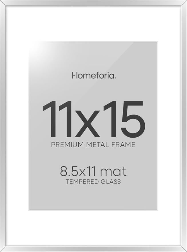 Homeforia 11x15 Picture Frame Silver, High End Metal 11x15 Frames with Mat 8.5x11, 11 x 15 Silver Poster Frames Matted to 8.5 x 11 inch Photo, 11by15 Hanging Frames, Tempered Glass, Wall Kit, Set of 1