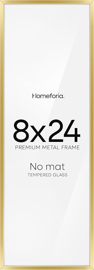 Homeforia 8x24 Panoramic Frame Gold, High End Metal 8 x 24 Picture Frames without Mat, 24x8 Hanging Gold Poster Frames for Wall, 8 by 24 inches Display Photo Frames, Tempered Glass, Wall Kit, Set of 1