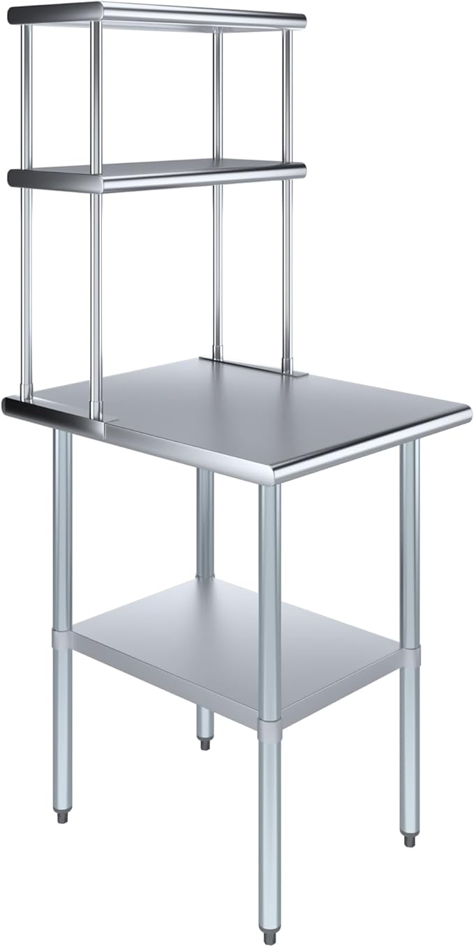 Amgood Stainless Steel Work Table Double Tier Overshelf | Metal Kitchen Prep Table & Shelving Combo (30" x 24" Work Table + 12" Overshelf)