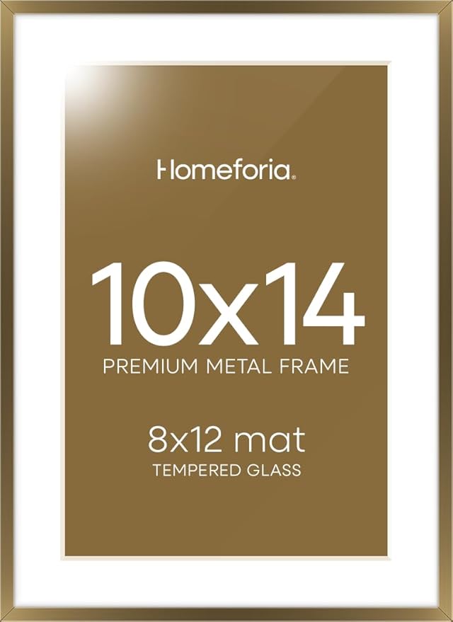 Homeforia 10x14 Bronze Picture Frame, High End Metal 10x14 Brass Frame with Mat 8x12, 10 x 14 Poster Frames Matted to 8 x 12 inch Photo, 10 by 14 Bronze Thin Frames, Tempered Glass, Wall Kit, Set of 1