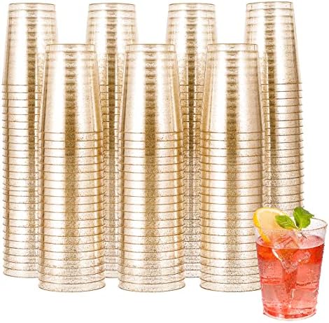 JOLLY CHEF 200 Pack 10 oz Gold Glitter Clear Plastic Cups for Parties by JOLLYCHEF