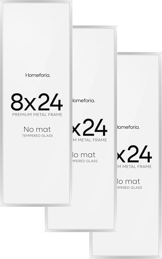 Homeforia 8x24 Panoramic Frame Silver, High End Metal 8 x 24 Picture Frames without Mat, 24x8 Hanging Silver Poster Frames for Wall, 8by24 inch Display Photo Frames, Tempered Glass, Wall Kit, Set of 3