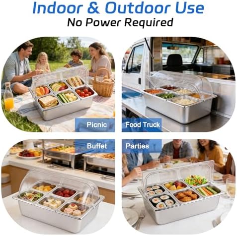 Cold Food Buffet Server 9.6Qt (6 Pans×1.6Qt) with Ice Packs for Salad Pizza Sauce Colded Serving Trays Condiments Containers for Parties Buffet - Image 4