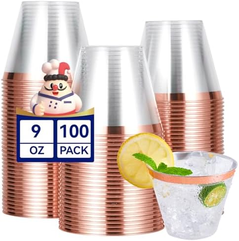 JOLLY CHEF Rose Gold Plastic Cups, 9 oz Clear Plastic Tumblers 100 Pack by JOLLYCHEF