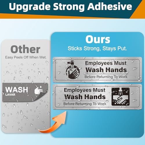 4 Pack Employees Must Wash Hands Sign-Wash Your Hands Sign Bathroom Decor,Handwashing Signs for Restaurant Commercial Kitchen Self-Adhesive, Brushed Aluminum，Square Icon - Image 4