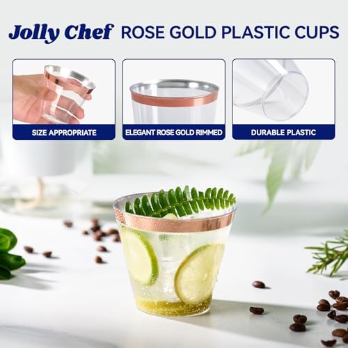 JOLLY CHEF Rose Gold Plastic Cups, 9 oz Clear Plastic Tumblers 100 Pack - Image 3