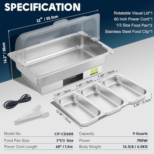 Electric Buffet Server Set with Touch Control, 9QT Three-Section Food Pan (3 × 3QT), Stainless Steel Roll Top Chafing Dish for Catering Buffet - Image 6