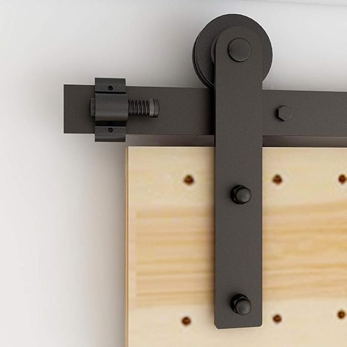 CCJH 17FT Single Sliding Barn Door Hardware Kit Black Carbon Steel Hanger Flat Track System for Closet Kitchen 1 Door 102 inch Wide, Smoothly and Quietly I Shape Roller