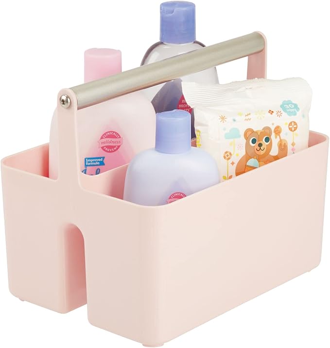 mDesign Under Sink Storage – Plastic and Metal Bathroom Caddy for Shampoo and Soaps – Portable Cosmetics Storage Organiser – Blush/Satin
