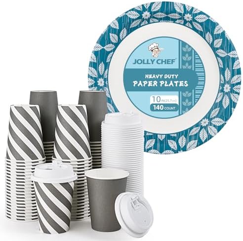 JOLLY CHEF 10 inch 140 Pack Disposable Paper Plates Heavy Duty，100 Pack 12 oz Paper Coffee Cups, Disposable Printed Drinking Cups with Lids(Stripes and Grey) by JOLLYCHEF