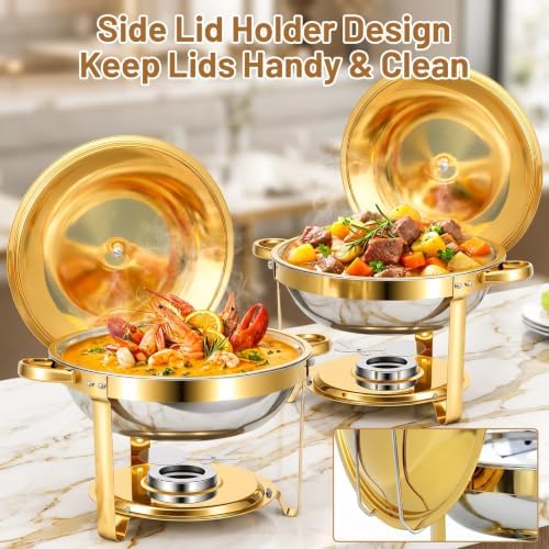 Chafing Dishes for Buffet, 2 Pack 5QT Stainless Steel Round Buffet Servers and Warmers, Food Warmers for Parties Buffet, Banquets, Weddings, Catering Events Complete Chafing Dish Buffet Set, Gold - Image 3