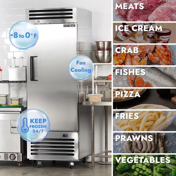 HECMAC 27" Commercial Freezer, 23 Cu.ft Reach-In Upright Fridge with Solid Door, -8 to 0℉, 18-8 Stainless Steel Interior, 3 Shelves, ETL&NSF/ANSI 7 for Restaurant, Bar, Shop, Kitchen Use