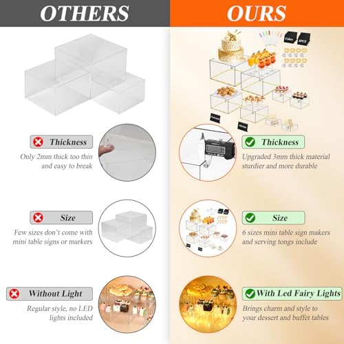 8 Pcs Clear Acrylic Buffet Risers with LED Fairy Lights, Acrylic Food Risers with Mini Sign and Maker, Clear Buffet Risers and Stands for Party Catering Dessert Collectibles(9" 8" 7" 6" 5" 5" 4" 4" ) - Image 5