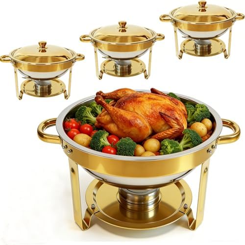 Gold Chafing Dish Buffet Set, 4-Pack 6QT 304 Stainless Steel Round Food Warmers with Lids, Water Pans & Fuel Holders – for Catering, Wedding Receptions & Parties by Charcofire