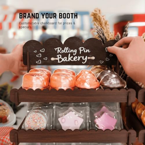HOTCAN Wooden Cookie Display Stand with Chalkboard Sign for Bakers, Vendors, Craft Fairs | Pastry Display for Market Booths & Events | 4 Tiered Cookie Display for Muffins, Cakes, and Pastries (Brown) - Image 2
