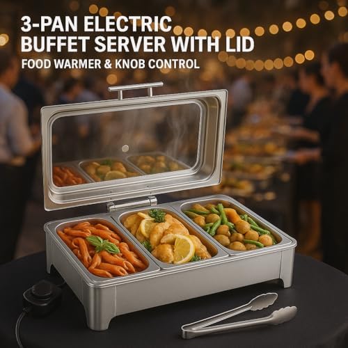 Electric Chafing Dish, 3 x 3QT Buffet Warmer with Glass Lids - Image 2