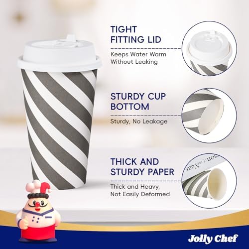 JOLLY CHEF 100 Pack 16 oz Paper Coffee Cups with Lids - Image 3