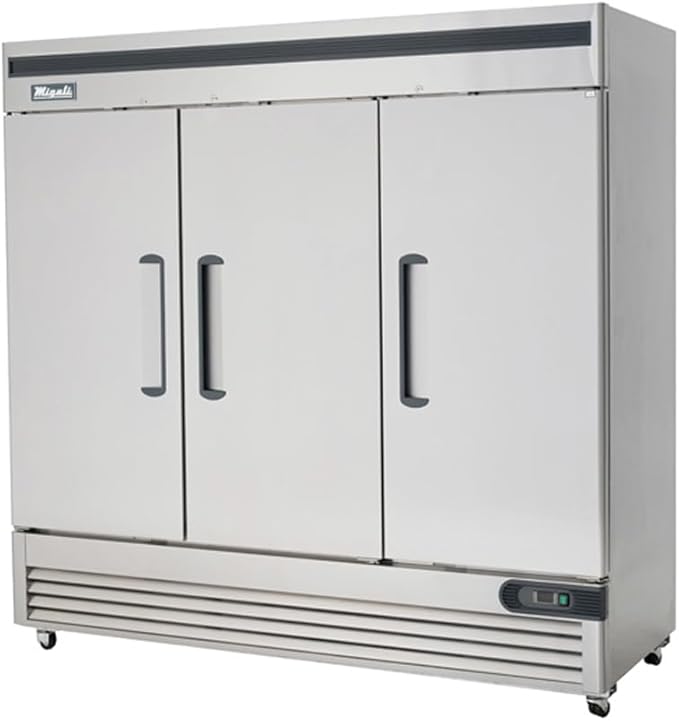 Migali C-3RB-HC Three Door Reach-In Refrigerator, 72 cu/ft, Stainless Steel Interior and Exterior, Auto Defrost, Digital Temperature Display, Door Locks