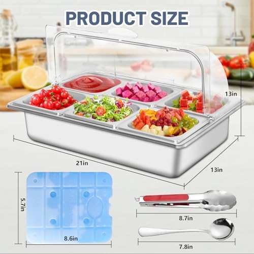 Ice Food Serving Display Tray with 6 Pan, Stainless Steel Salad Bar Buffet Station for Home, Pizza Topping Station, Ice Tray for Food Buffet, Cold Food Buffet Server for Party Home Hotel Kitchen - Image 2