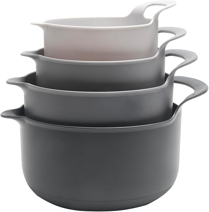 COOK WITH COLOR Nesting Plastic Mixing Bowl Set with Pour Spouts and Handles, Grey, 4 Piece Non-Slip