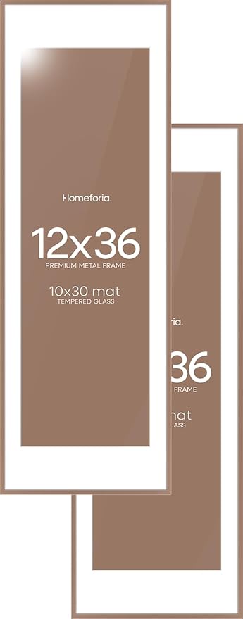 Homeforia 12x36 Picture Frame Mocha, High End Metal 12x36 Poster Frames with Mat 10x30 inch Photo, 12 x 36 Mocha Frames Matted to 10 by 30 Art, 36x12 Panoramic Frames, Tempered Glass, Wall Kit, Set of 2