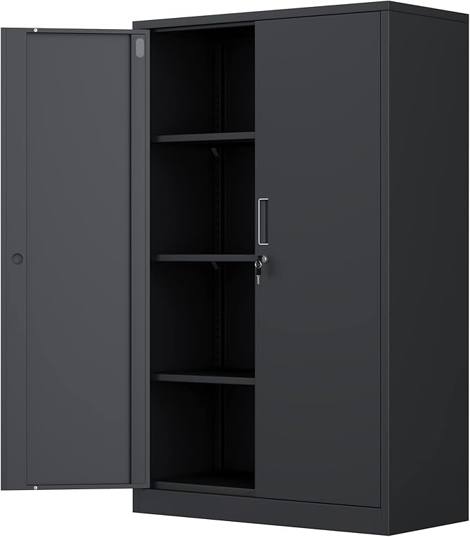 Metal Storage Cabinet with Locking Doors and 3 Adjustable Shelves, 53.5-Inch Tall Lockable Steel Storage Cabinets for Home Office Garage Pantry (Black)