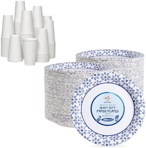 JOLLY CHEF Disposable Coffee Cups and Plates, Printed Paper Plates 8in 280 Count, 16 oz Paper Cups 210 Pack Hot/Cold Beverage Cups for Water by JOLLYCHEF