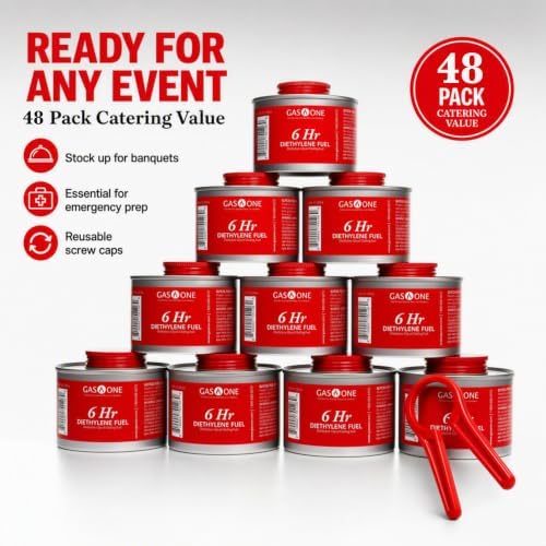 Gas One 48 Pack 6 Hour Chafing Fuel - Food Warmer for Chafing Dish Buffet Set - Reusable Liquid Safe Fuel with Wick & Lid Opener - Image 5