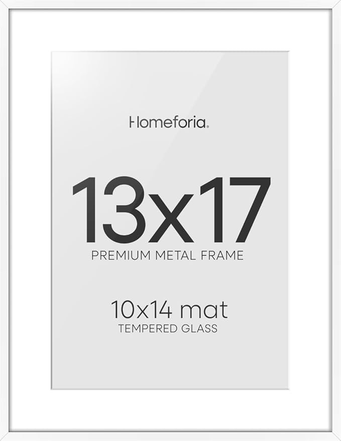 Homeforia 13x17 Picture Frame White, High End Metal 13x17 Poster Frames with Mat 10x14 Photo, 13 x 17 White Frame Matted to 10 by 14 Print, 17by13 Thin Hanging Frames, Tempered Glass, Wall Kit, Set of 1