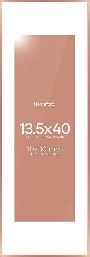 Homeforia 13.5x40 Rose Gold Picture Frame, High End Metal 13.5x40 Panoramic Poster Frames with Mat 10x30 Photo, 13.5 x 40 Frame Matted to 10 x 30 Art, 40x13.5 Frame, Tempered Glass, Wall Kit, Set of 1