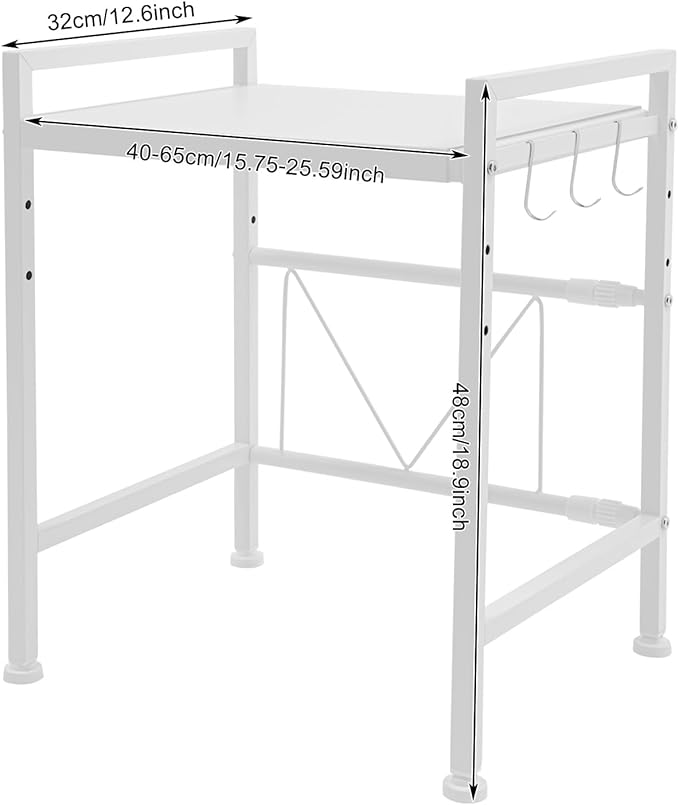 2 Tier Microwave Oven Rack, Adjustable Shelf with 3 Hooks, Microwave Stand with Storage, Toaster Shelf Heavy Duty Stand Kitchen Counter Top Organizer for Kitchen (white)