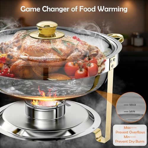 ALSO GO Round Chafing Dishes for Buffet with Serving Tongs, 7QT Chafing Dishes Buffet Set, Golden Stainless Steel Catering Food Warmer for for Party, Gathering, Banquet, Wedding - Image 4