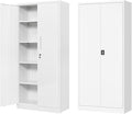Metal Storage Cabinet-72” Tall Steel File Cabinets with Lockable Doors and Adjustable Shelves-White Steel Storage Cabinet for Kitchen, Office, Garage