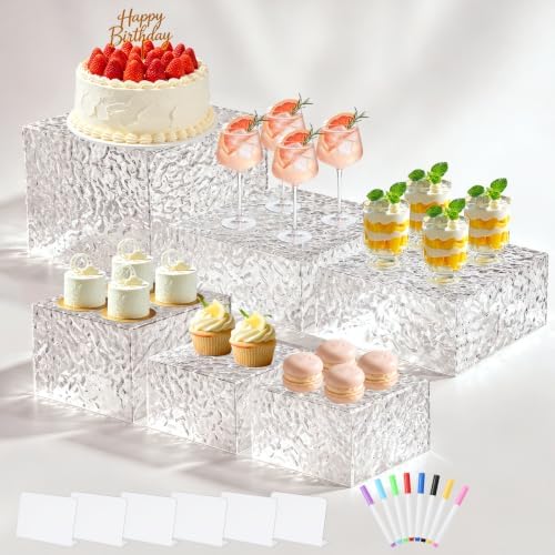 Acrylic Buffet Risers with Mini Sign and Maker, Clear Hammered Water Ripple Dessert Display Stands for Catering Cakes Cupcakes Desserts Drinks Décor Acrylic Display Risers Stackable Nesting Storage by Qinzave