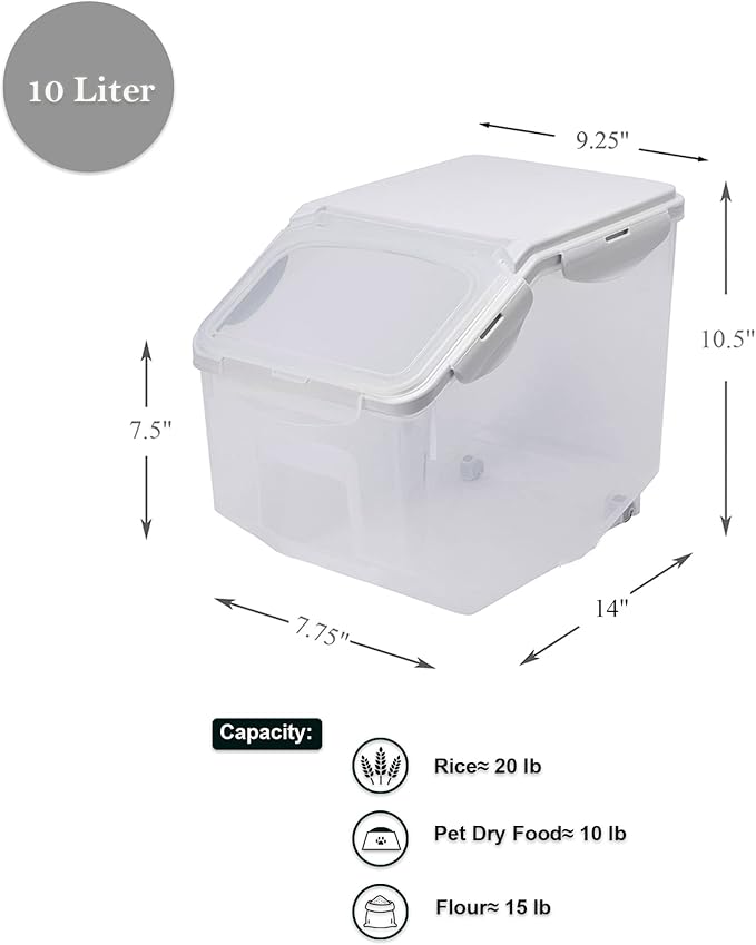 HANAMYA 10 Liter / 20 lbs Rice Storage Container with Measuring Cup, BPA free, For Rice | Grain | Pet Food | Flour, 2 counts, Clear
