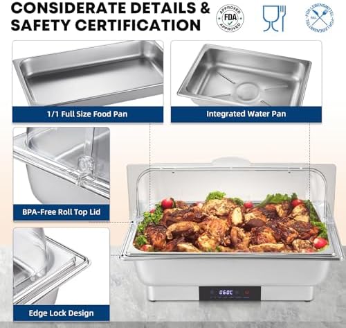 Electric Chafing Dish Buffet Server Set, Stainless Steel Full Size & Half-Size &Three-Section Food Pan with Temp Control, Roll Top Stainless Steel Food Warmers for Catering Buffet - Image 3