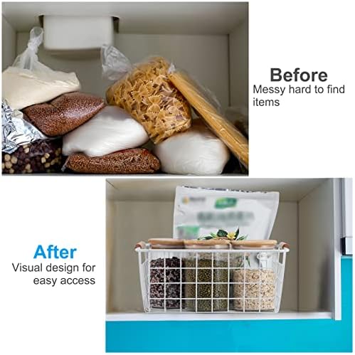 White 2PCS Wire Storage Baskets with Wooden Handles for Pantry Organizer - Image 7