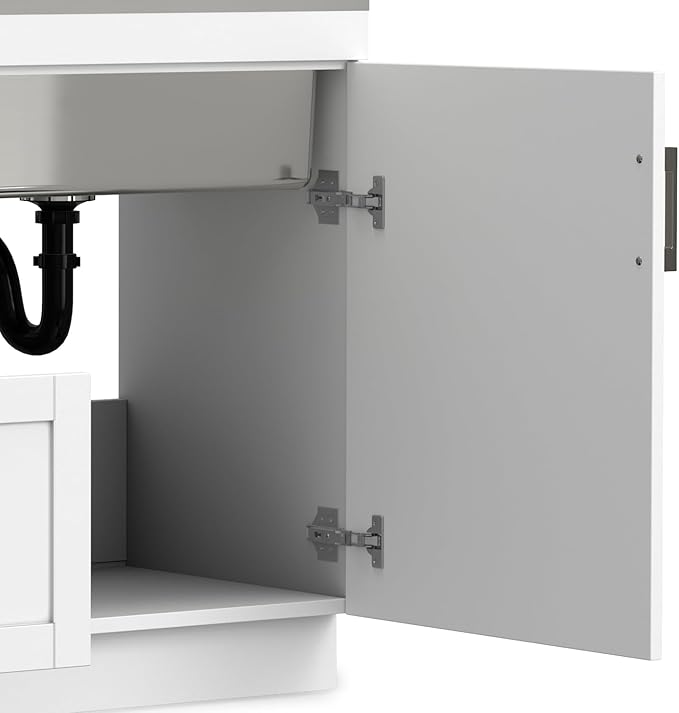 SIMPLIHOME Hennessy All-in-One 46 inch Wide Utility Sink and Laundry Cabinet in Pure White Finish, Transitional Stainless Steel Dual Sink Cabinet for Laundry Rooms with High-Arch Chrome Faucet