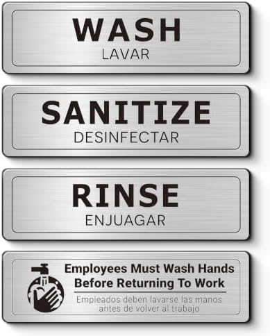 Wash Rinse Sanitize Sink Labels, Bilingual English Spanish 3 Compartment Sink Stickers, Employees Must Wash Hands Sign for Commercial Kitchen, Restaurant, Food Truck, Food Service, 4 Pack Brushed Aluminum by EliteSign