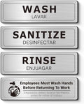 Wash Rinse Sanitize Sink Labels, Bilingual English Spanish 3 Compartment Sink Stickers, Employees Must Wash Hands Sign for Commercial Kitchen, Restaurant, Food Truck, Food Service, 4 Pack Brushed Aluminum by EliteSign