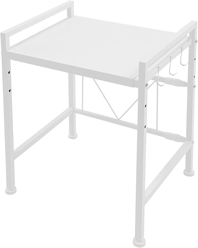 2 Tier Microwave Oven Rack, Adjustable Shelf with 3 Hooks, Microwave Stand with Storage, Toaster Shelf Heavy Duty Stand Kitchen Counter Top Organizer for Kitchen (white)
