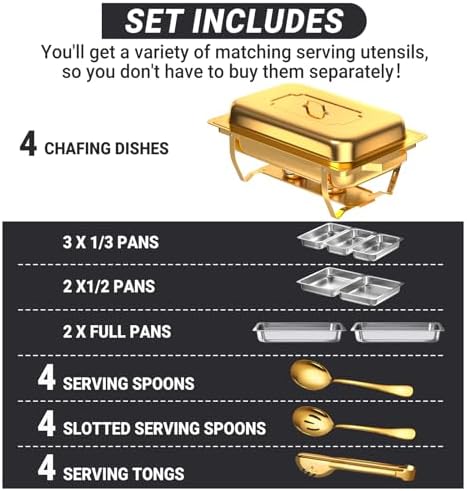 Chafing Dishes for Buffet, 8 Qt Food Warmers 4 Pack 7 Pans Gold - Image 2