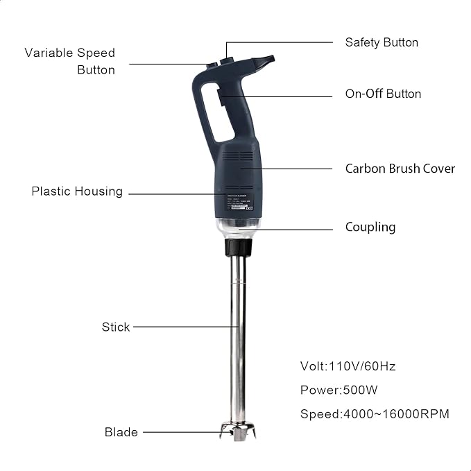 18 in Heavy Duty Immersion Blender Handheld Kitchen, Hand Blenders for Kitchen, Commercial Mixer Electric, 500W Removable Shaft 2500rpm to 15000rpm, Emulsifier Blender Handheld